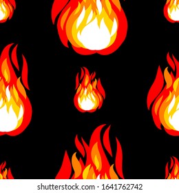 Fire seamless pattern for shirt, wallpaper and much more. Hand drawn brush graphic design. Vector illustration on black background.