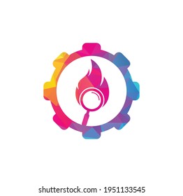 Fire Search gear shape concept Logo Template Design Vector. Find Fire logo design template. Fire and magnifying glass icon	