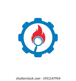 Fire Search gear shape concept Logo Template Design Vector. Find Fire logo design template. Fire and magnifying glass icon	