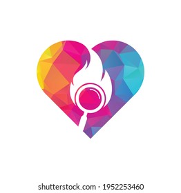 Fire Search heart shape concept Logo Template Design Vector. Find Fire logo design template. Fire and magnifying glass icon	