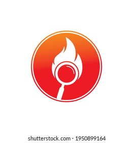 Design-Vektorgrafik für die Brandsuche-Logo-Vorlage. Finden Sie die Design-Vorlage für Brandlogos. Feuer- und Vergrößerungsglas-Symbol