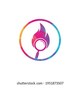 Design-Vektorgrafik für die Brandsuche-Logo-Vorlage. Finden Sie die Design-Vorlage für Brandlogos. Feuer- und Vergrößerungsglas-Symbol