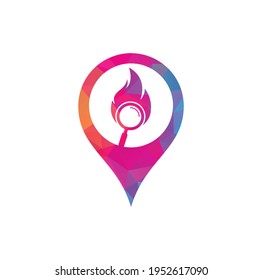 Concepto de la forma del pin del mapa de búsqueda de incendios Vector de diseño de plantillas de logotipo. Buscar plantilla de diseño del logotipo de Fire. Icono de fuego y lupa