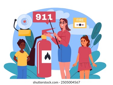 Fire security in school. Woman with pointer near alarm and fire extinguisher. Rescue in emergency in educational building. Safety regulations. Flat vector illustration isolated on white background
