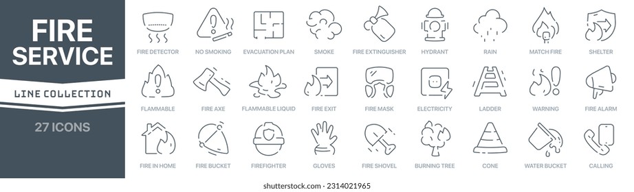 Fire service linear signed icon collection. Signed thin line icons collection. Set of fire service simple outline icons