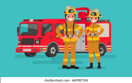 Fire service workers man and woman. Firefighters on the background of the service car. Vector illustration in a flat style