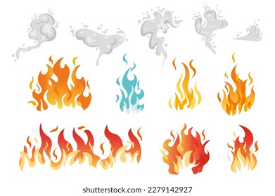 Fire set concept in the flat cartoon design on the white background. Image of burning fire and billows of smoke. Vector illustration.