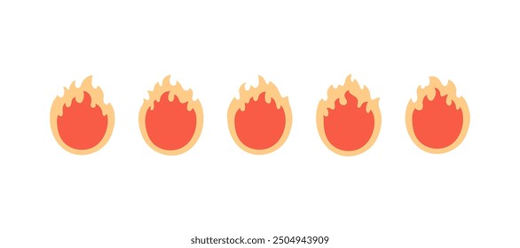 Fuego encendido, llama caliente. Energía, quemar. Diferentes formas de fuego. Ilustración vectorial plana