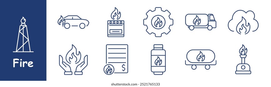 Fire set icon. Burning car, stove on fire, gear with flame, truck, flame cloud, hands, gas tank, burning receipt, prevention, gas system, truck safety, energy hazard, fire protection