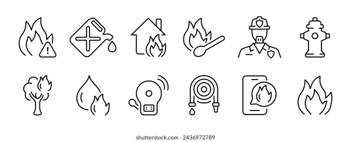 Icono de Fire set. Peligro, gasolina, casa en llamas, alimentación, hidrante, leña y gasolina están en llamas, alarma, manguera, mensaje de fuego, fuego. Icono de línea vectorial sobre fondo blanco.