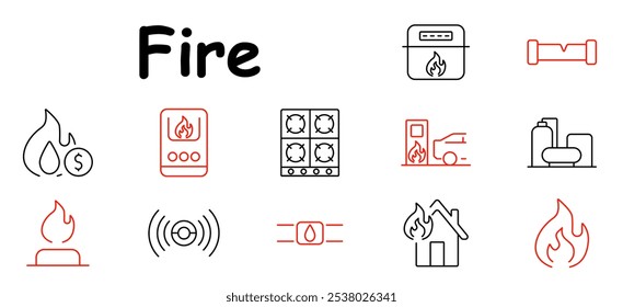 Fire set icon. Flame, stove, gas pump, home, fuel, heater, alarm, gas pipeline, combustion, safety, ignition, risk