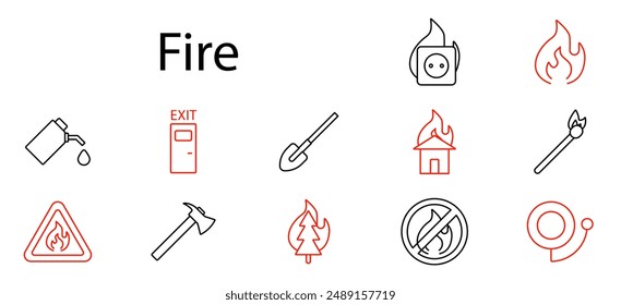 Icono de Fire set. Llamas, extintor, salida de incendios, pala, hacha, incendio forestal, partido, casa en llamas, seguridad, advertencia, emergencia, extinción de incendios, inflamable, calor, peligro.