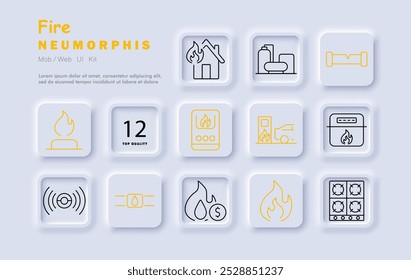 Fire set icon. Gas stove, fuel tank, house on fire, flame, insurance, alarm, safety, protection, gas system, hazard