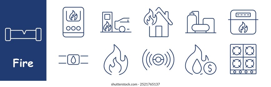 Ícone do conjunto de acionamentos. Bomba de gasolina, casa com chamas, tanques de propano, fogão, alarme de incêndio, gasoduto, risco de incêndio, proteção, armazenamento de combustível, alarme de gás, risco de energia, segurança para cozinhar