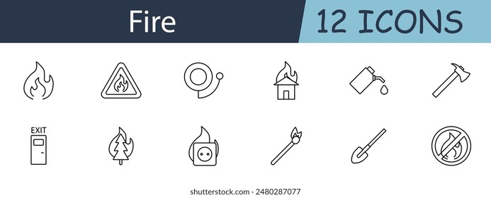 Fire set icon. Includes flames, fire safety, extinguishers, alarms, and emergency symbols. Ideal for safety, emergency services, and fire prevention concepts. Vector line icon on white background.