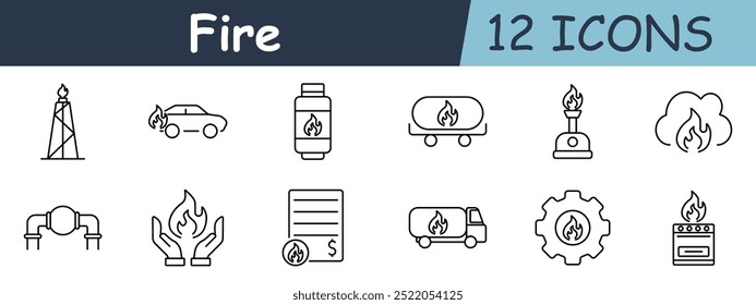 Fire set icon. Oil rig, car, gas tank, Bunsen burner, cloud, pipeline, hands holding, document, fire truck, gear with flame, stove