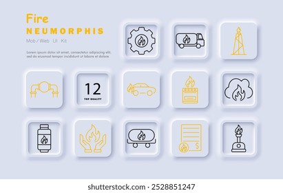 Fire set icon. Pipeline, fire engine, gas truck, burner, firehouse, safety, contract, protection, car fire, explosion, insurance