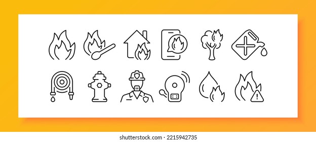 Fire set icon. Worker, firefighter, fire engine, fire brigade, security system, spark, ignition, water, extinguish. State of emergency concept. Vector line icon for Business and Advertising