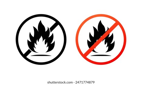 Iconos de conjunto de fuego. Signo de icono prohibitivo. Silueta y estilos planos. Iconos vectoriales.