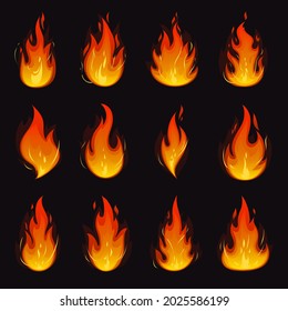 Fire Set illustration isolated on black background,  fire cartoon flames set