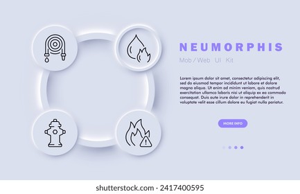 Fire set line icon. Hydrant, fireman, hose, water, tree, alarm. Neomorphism style. Vector line icon for business and advertising