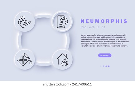 Fire set line icon. Hydrant, matches, smartphone, fireman, hose, water, tree, alarm. Neomorphism style. Vector line icon for business and advertising