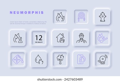 Fire set line icon. Hydrant, hose, fireman, matches, gasoline, wood, water, bell. Neomorphism style. Vector line icon for business and advertising