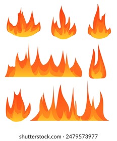 Fire set. Yellow and orange lights up. Object isolated on white background. Cartoon fun style Illustration vector