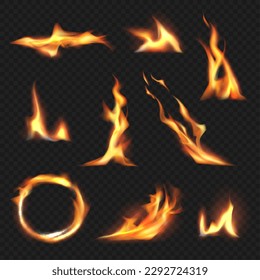 Fire shapes. Realistic hot flame decent vector templates pictures set isolated