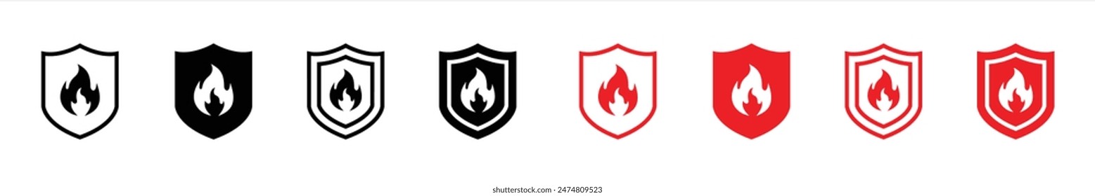 fire shield icon set. fire flames protection icon symbol sign. vector illustration