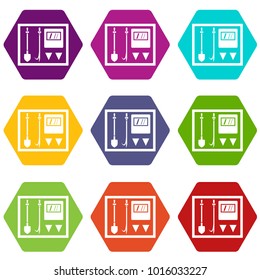Fire shield icon set many color hexahedron isolated on white vector illustration