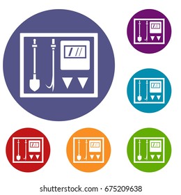 Fire shield icons set in flat circle reb, blue and green color for web