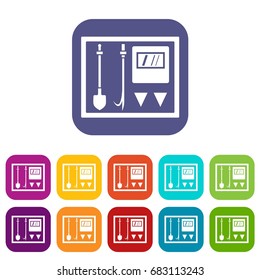 Fire shield icons set vector illustration in flat style in colors red, blue, green, and other