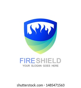 Fire shield logo design element. Fire warning sign shield, the blue flame logo, 3d icon