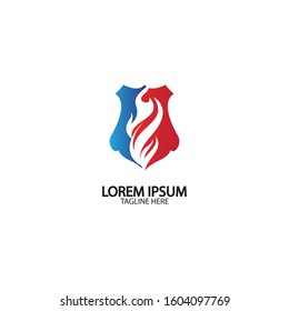 Fire shield logo design element. Fire warning sign shield. Fire flame vector illustration on white background