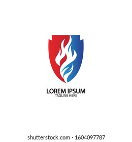 Fire shield logo design element. Fire warning sign shield. Fire flame vector illustration on white background