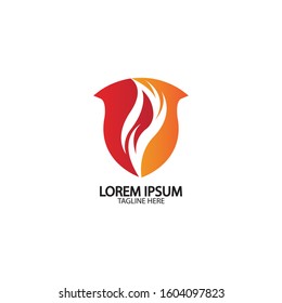 Fire shield logo design element. Fire warning sign shield. Fire flame vector illustration on white background