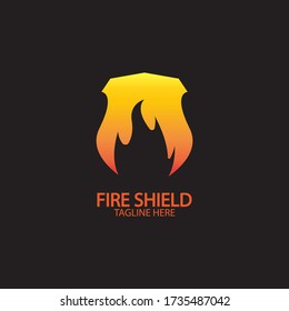 Fire shield logo design element. Fire warning sign shield. Fire flame vector illustration on black background