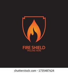 Fire shield logo design element. Fire warning sign shield. Fire flame vector illustration on black  background