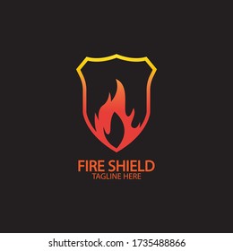 Fire shield logo design element. Fire warning sign shield. Fire flame vector illustration on black  background