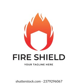 Fire shield logo design element. Fire warning sign shield. Fire flame vector illustration isolated on white background