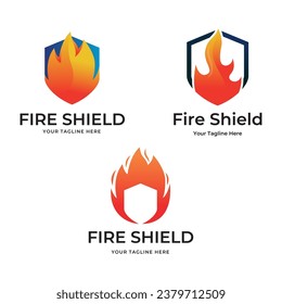 Fire shield logo set colelction design element. Fire warning sign shield vector illustration on white background
