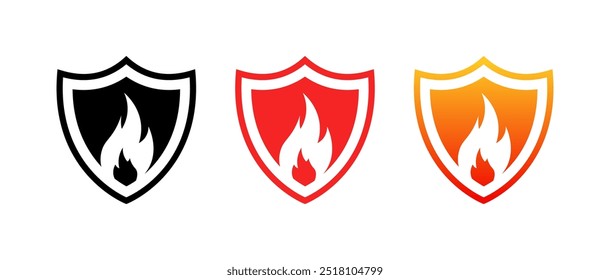 Fire shield set icons. Silhouette and flat style. Vector icons.