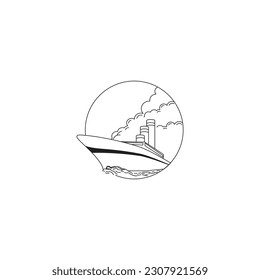 fire ship logo pattern line art illustration.
monoline design isolated on circle on white background.