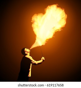 Fire show artist breathe fire in the night. Amazing fire performance. Vector illustration