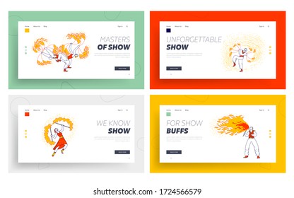 Fire Show Entertainment, Performance Landing Page Template Set. Characters Dance and Juggle with Flame on Stage Performing Talent Show Program for Judges and Viewers. Linear People Vector Illustration