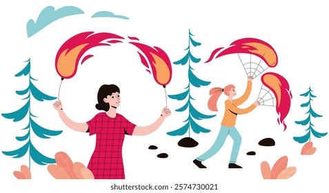 Fire show. Hand drawn vector illustration. An unusual dangerous hobby. Girls perform with fire fans and set torches.