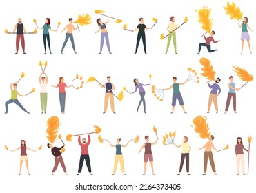 Fire show icons set cartoon vector. Actor amusement. Arena carnival