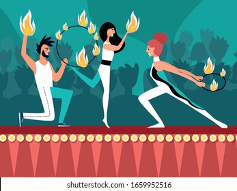 Fire Show on Stage with Man and Women Gymnasts Jugging with Flame Performing Dancing on Scene with Acrobatic Tricks, Talent Show or Circus Artistic Entertainment, Cartoon Flat Vector Illustration