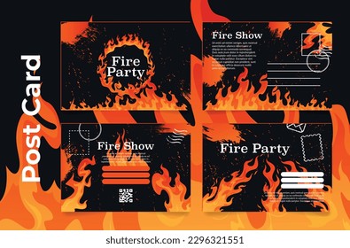 Fire show post card mail delivery burning flame design template set vector illustration. Abstract fireworks power energy performance letter postcard with address field postage stamp correspondence